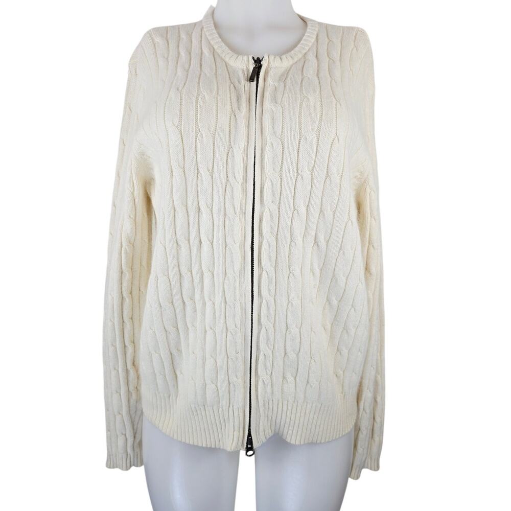 Eddie Bauer Creme Cashmere Blend Cable Knit Full Zip Women's Sweater Jacket XL
